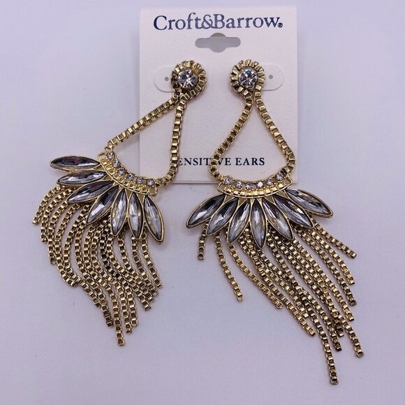 Croft.& Barrow Large Goldtone Rhinestone Dangle Earrings New - Picture 1 of 3